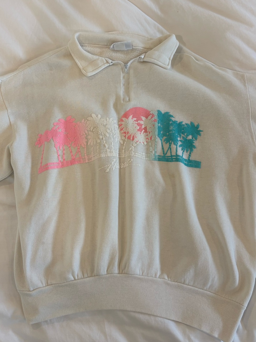 Vintage Hawaii Palm Tree Quarter-Zip Sweatshirt | Bassett-Walker | Cream